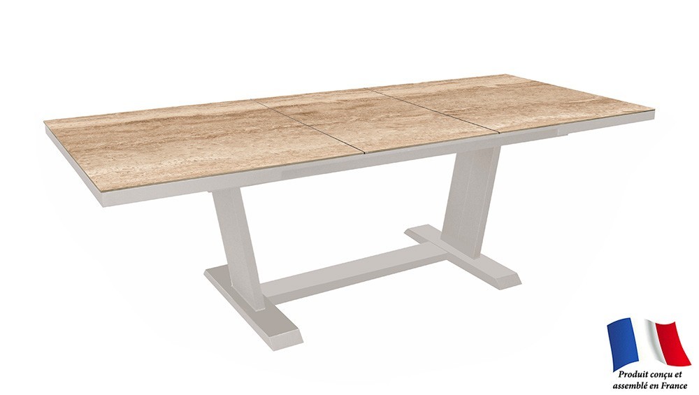 Table AMBER 180/240 Plateau Kedra® Coloris:Châssis Crème /Plateau Kedra® Travertin Ecotax:Prix de vente comprenant l'éco-taxe de