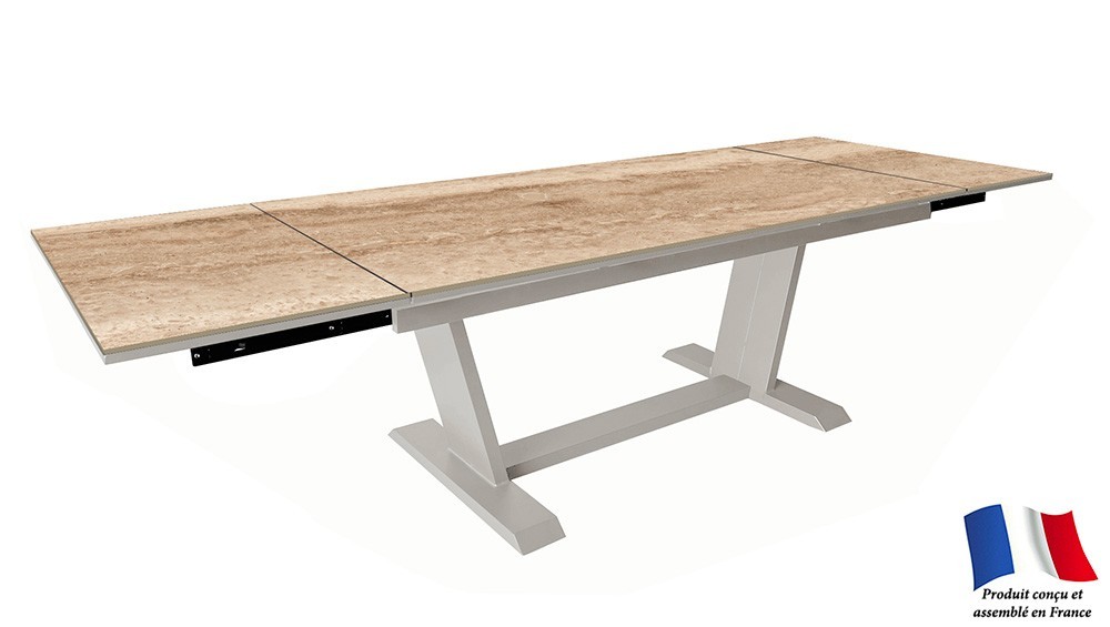 Table AMBER 180/230/280 Plateau Kedra® Coloris:Châssis Crème /Plateau Kedra® Travertin Ecotax:Prix de vente comprenant l'éco-tax